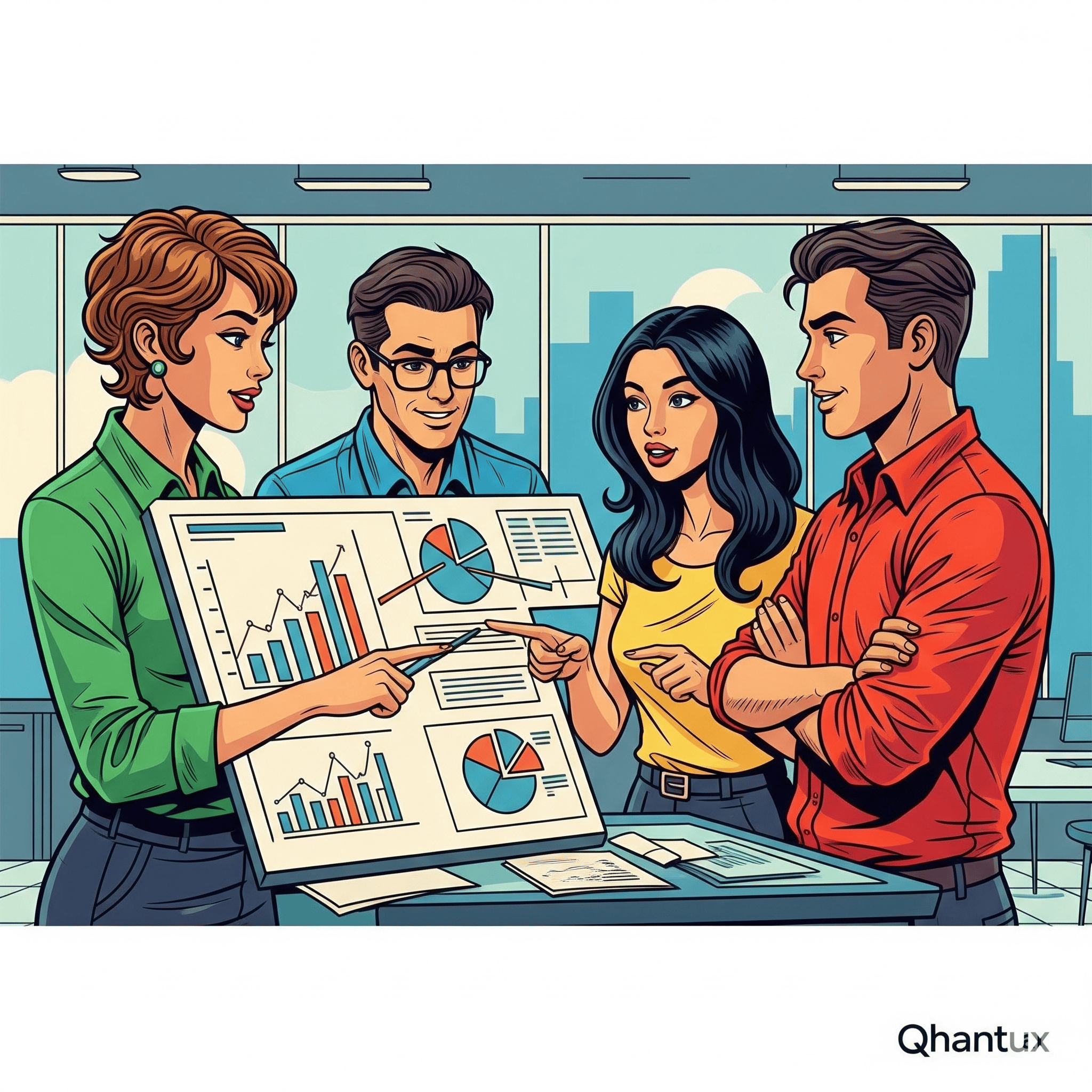 Equipo de cuatro personas trabajando de manera colaborativa